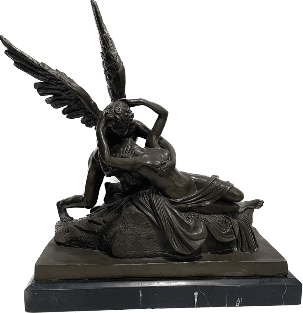 Escultura de bronce de dama con ángel